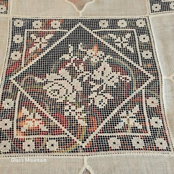 SOLD - Vintage Handmade Linen Cross Stitch Embroidery Lace Trim Bed Coverlet - Picture 4 of 5